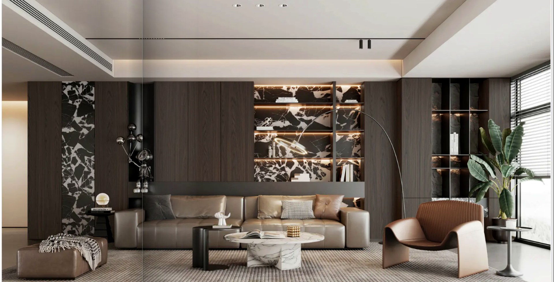 Luxury living room decorated with warm wood panels