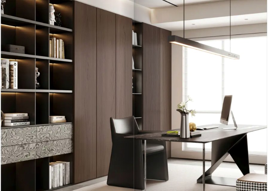 Study room with dark wood panels and shelving
