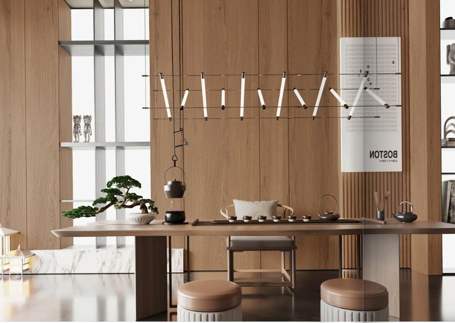 Tea room with light oak wood panels